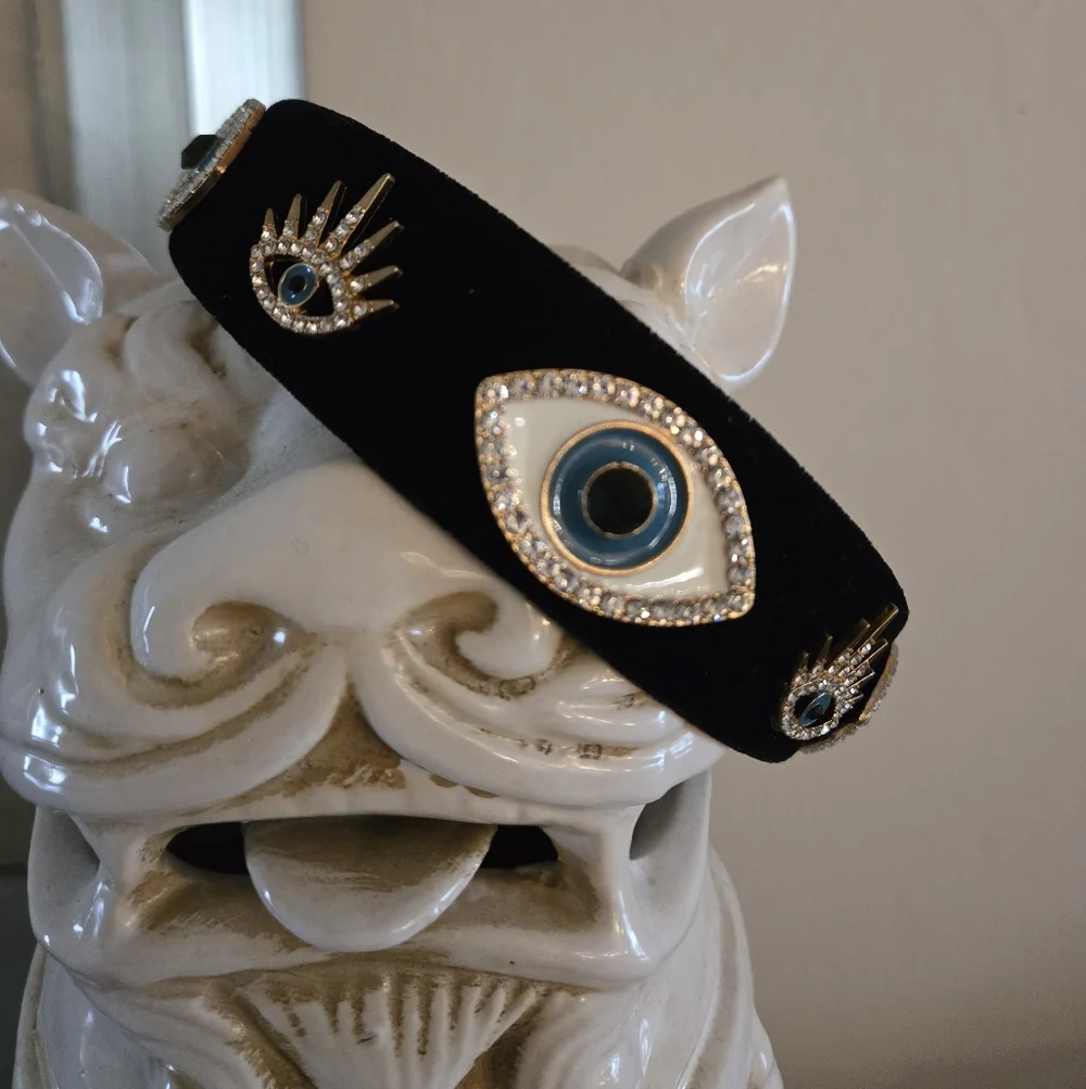 Hey Queen! Wear This Blk Velvet Crown Jewelled Evil Eye Designer Headband
